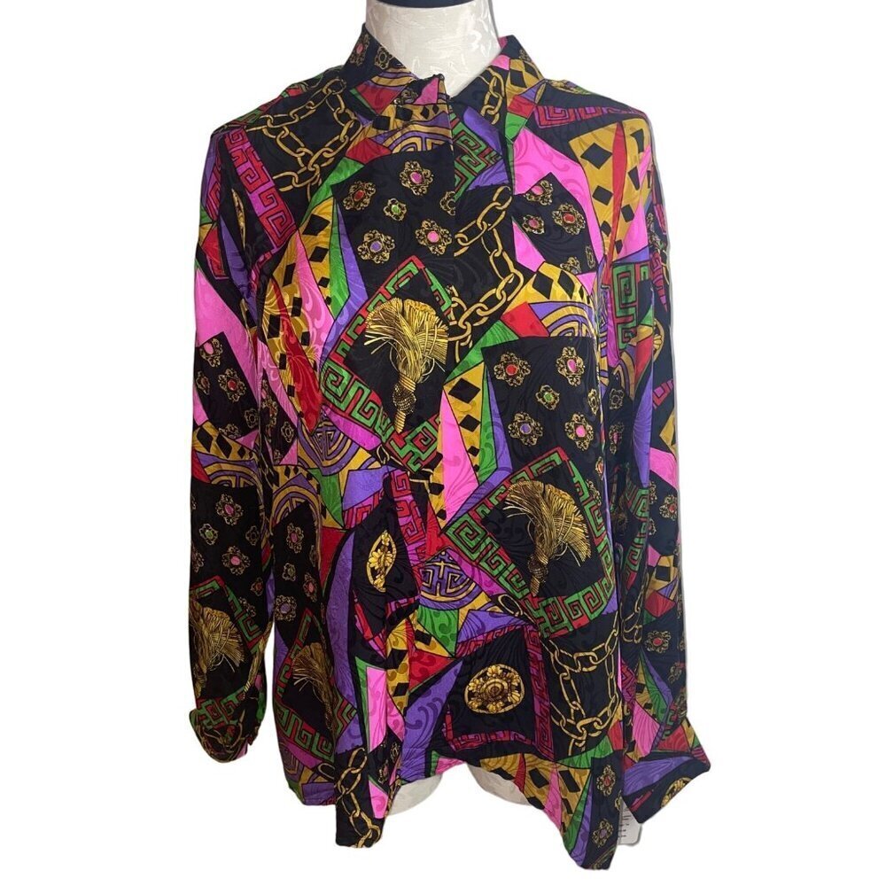 Classiques Vintage Womens Blouse Size 14 Multicolor Button Down Pure Silk